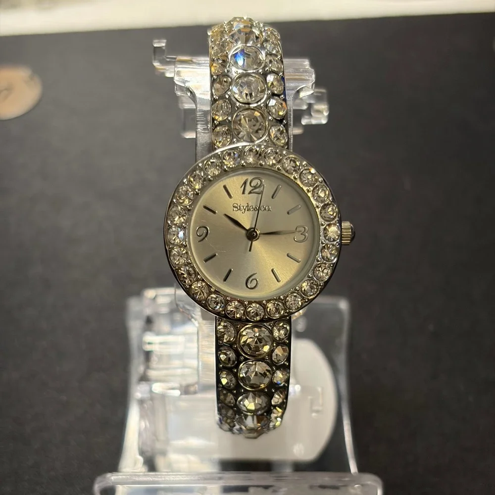 Style & Co Bangle Watch Womens OS Silver Tone Rhinestone Crystal Dressy